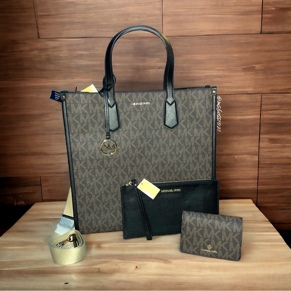 Michael Kors Maple Logo LG Tote + Wristlet + Wallet in Brown/Black NWT